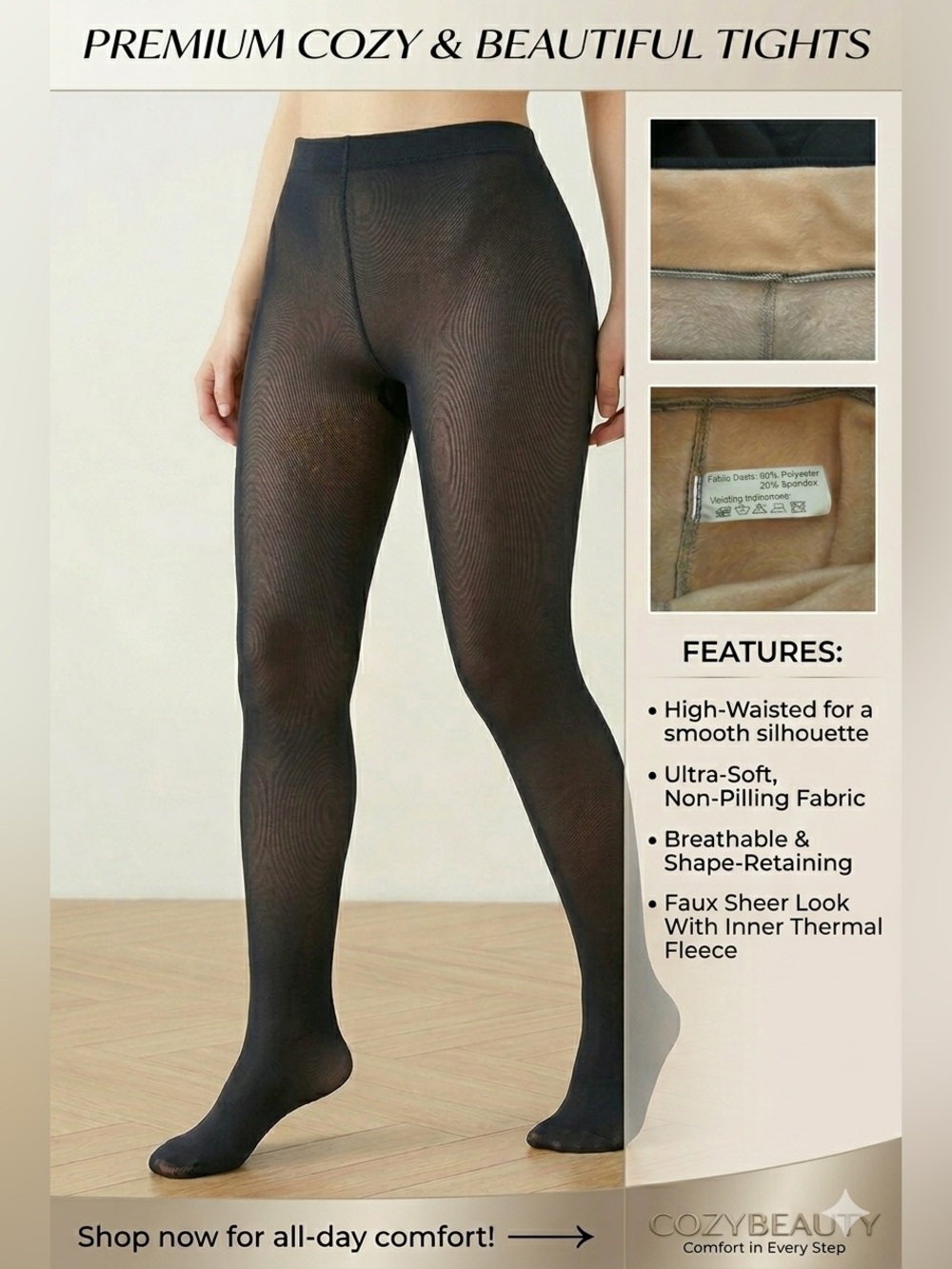 BEAUTY TIGHTS Faux Sheer Black Fleece Lined Thermal Tights New S/M 22-30" Waist